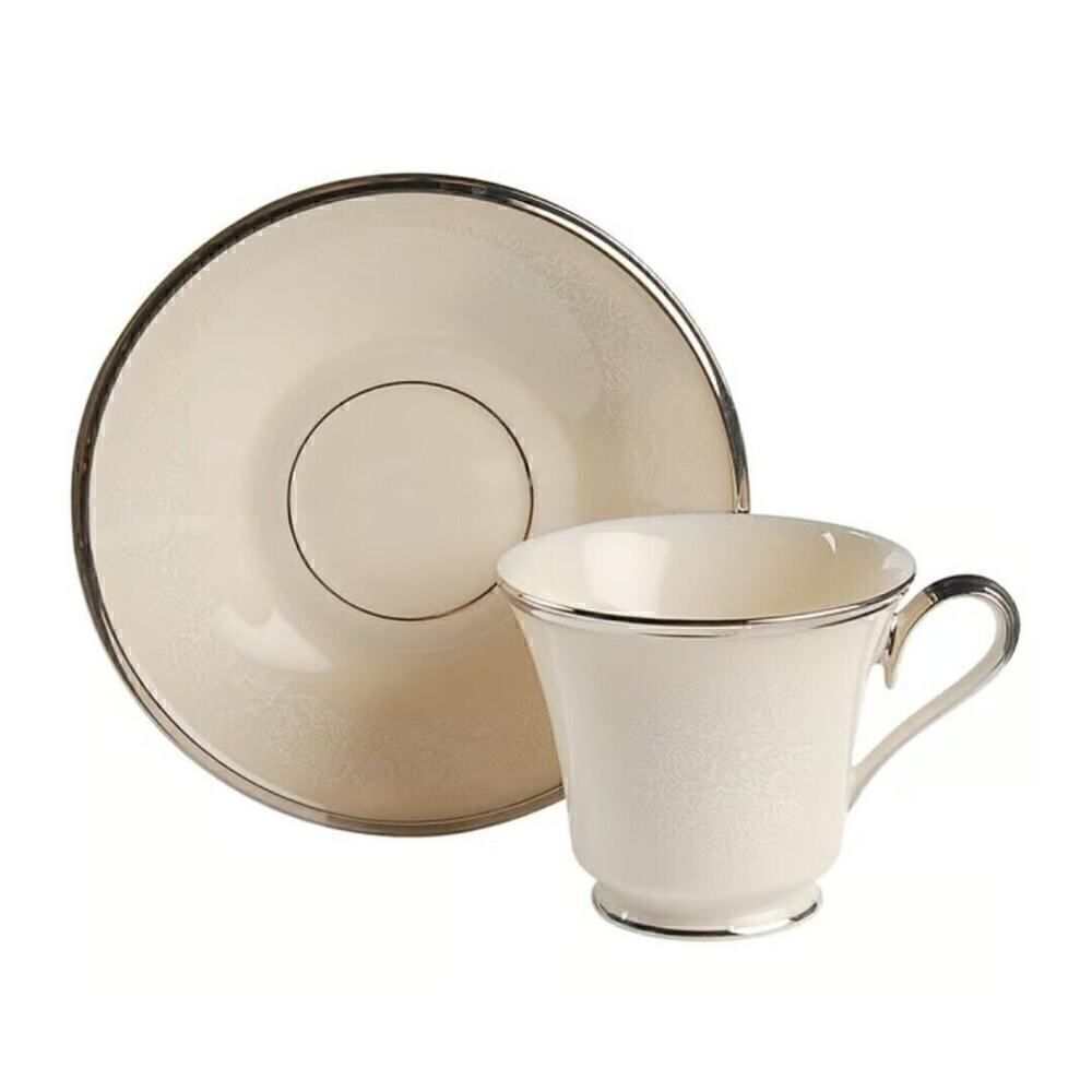 Lenox Moonspun Footed 6 Set Of Cup & Saucer Ivory/Silver Trim